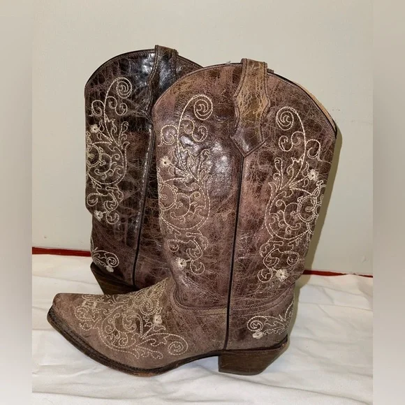 Corral Teens Cowboy Boots Size 4.5 Brown Leather  Stitched Cowgirl Mid Calf Shoe - Picture 1 of 8